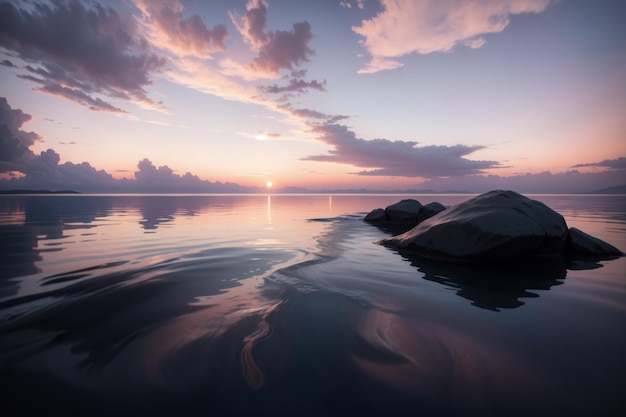 Photo sunset over calm water with rocks in foreground