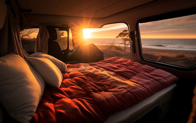 Sunset in a camper van with a view from the window