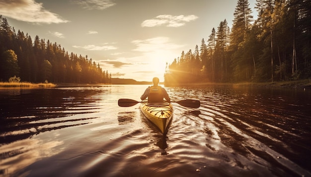 Sunset canoeing adventure tranquil beauty in nature generated by AI