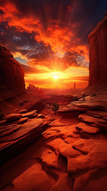 a sunset over a canyon with a red sunset