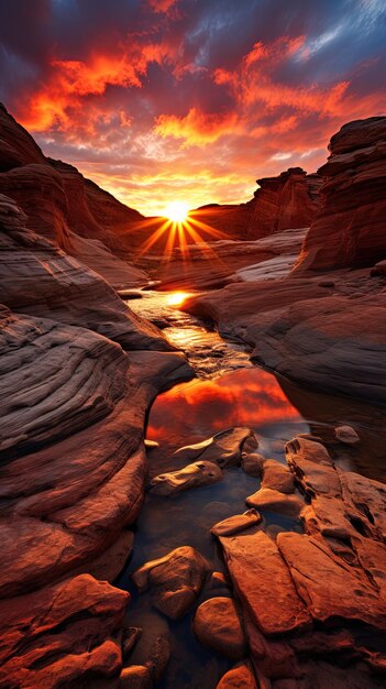 a sunset over a canyon with a river in the foreground