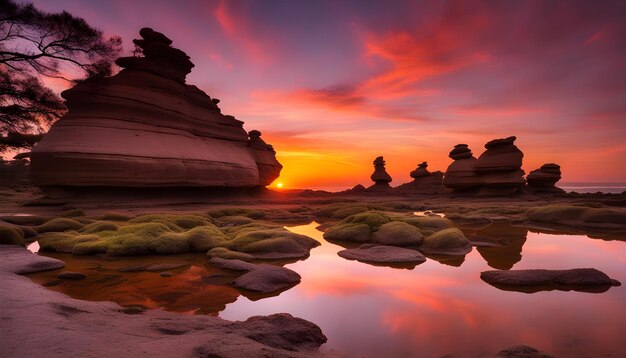 a sunset over a canyon with rocks and trees in the foreground