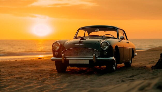 Sunset over the Caribbean coastline an old fashioned vintage car driving generated by artificial intelligence