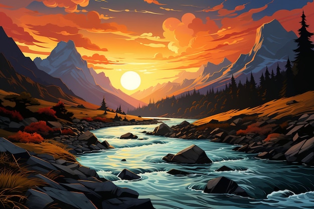 Sunset cascade River cuts through mountains as twilight paints the sky