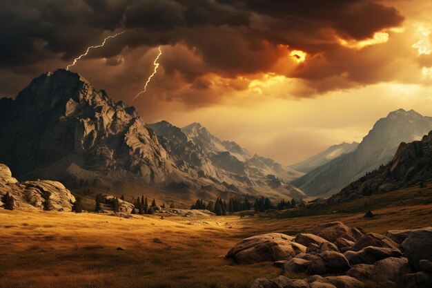 Sunset casting golden hues on a mountain range with dark storm clouds looming above