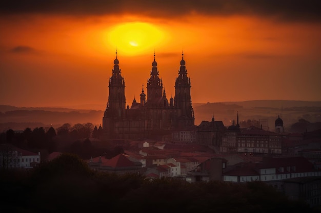 Sunset at the Cathedral of Santiago de Compostela Generative AI