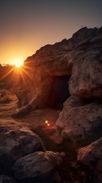 丘の上の開いた入り口を持つ洞窟に沈む夕日