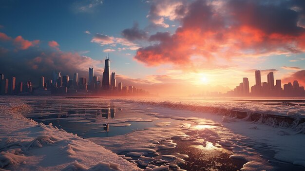 Sunset behind Chicago in the Winter