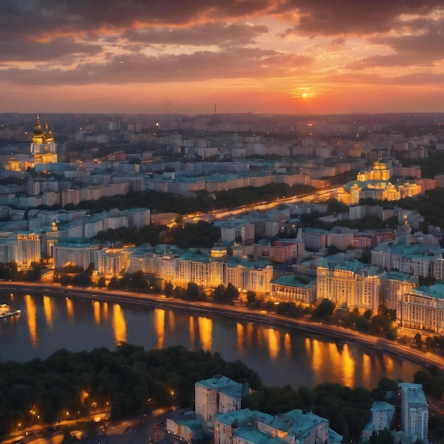 Sunset over the city of kiev summer