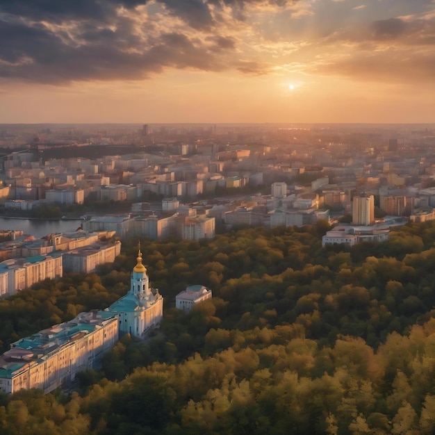 Sunset over the city of kiev summer