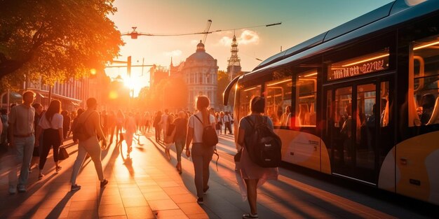 Закат в городе пешеход и транспорт отражение на больших домах окна витрины городские