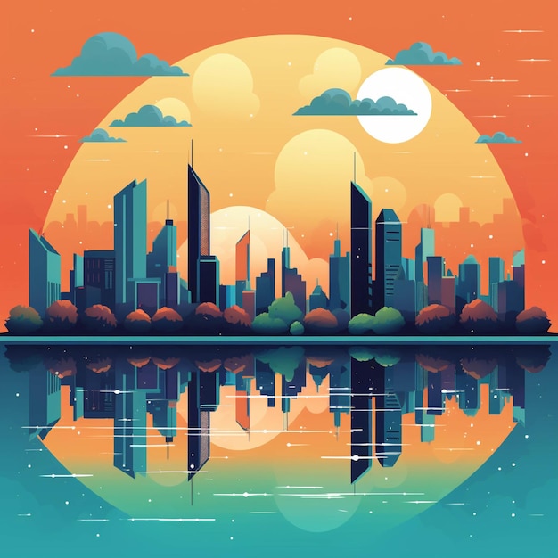 Sunset in the city Vector illustration of a flat style