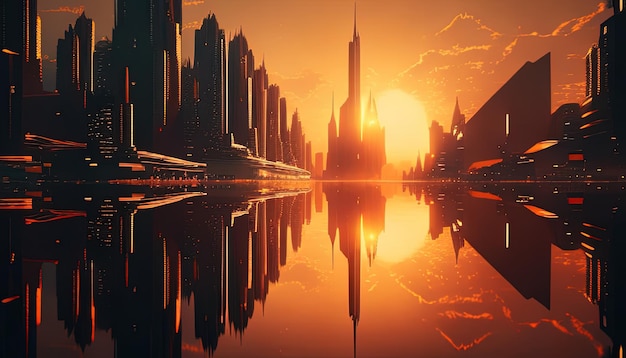 Sunset over a city of water digital art illustration Generative AI