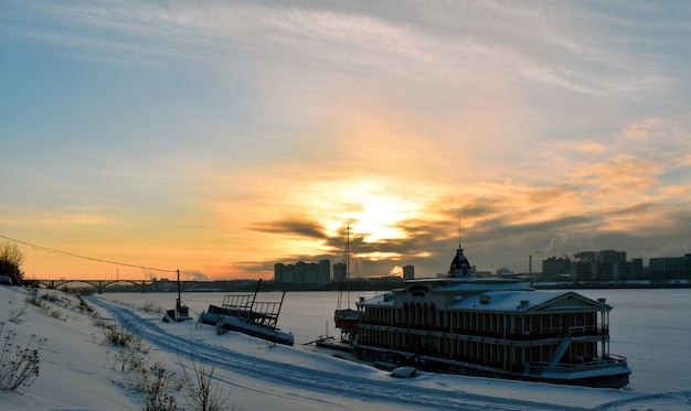 sunset in the city in winter