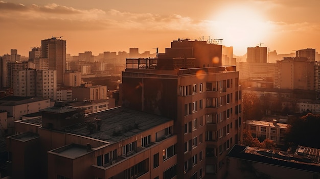 A sunset over a city with a building in the foreground