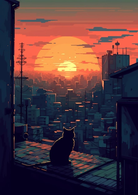 屋上に猫が座っている街に沈む夕日の生成 AI