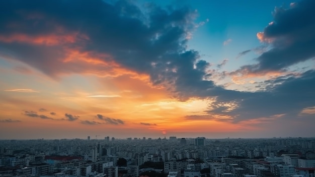 A sunset over a city with a cloudy sky