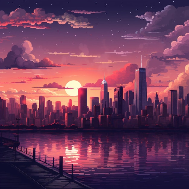 Sunset over a city with a pier and a plane flying over it generative ai