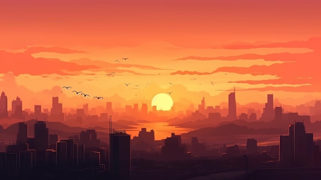 Sunset over the city with a red sky and a few birds.