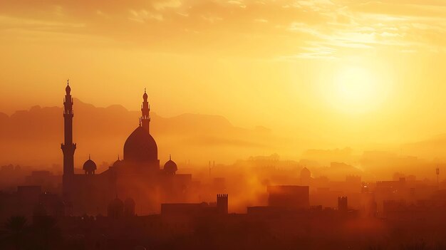 Foto un tramonto su una città con una silhouette di un edificio e una grande cupola