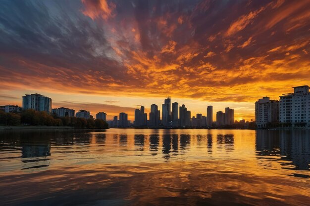 Photo sunset cityscape by the river