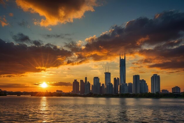 Photo sunset cityscape by the river