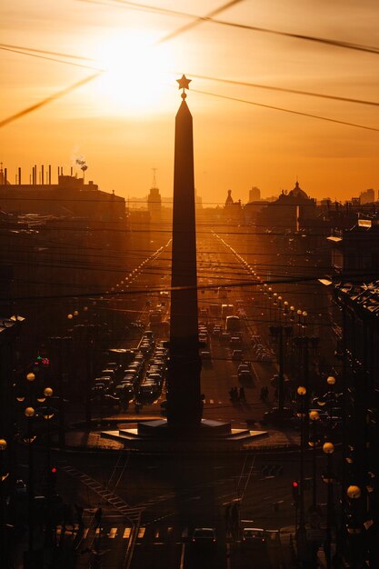 Sunset cityscape of perspective of Nevsky avenue in Saint Petersburg Russia