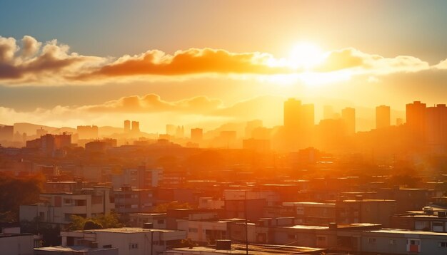 Sunset over cityscape skyscrapers silhouette against orange sky generated by AI