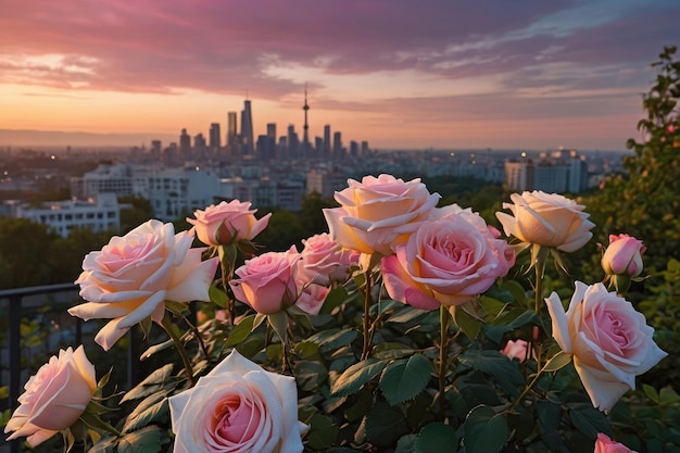 Foto paesaggio cittadino al tramonto con rose in fiore