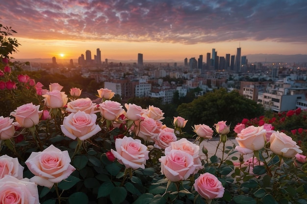 Foto paesaggio cittadino al tramonto con rose in fiore