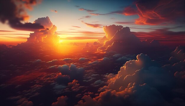 A sunset above the clouds with a red and orange sky