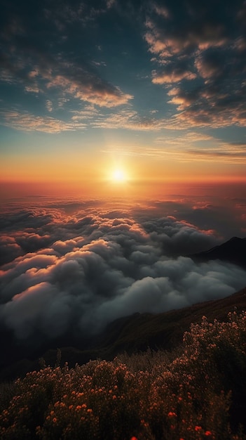 A sunset above the clouds with the sun setting behind it.