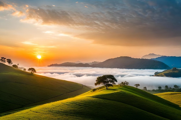 A sunset over the clouds with a tree on the top