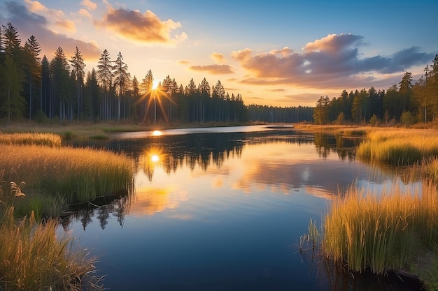 湖の海岸の夕暮れ 自然の風景 北ヨーロッパの自然の反射 青い空と黄色い日光の夕暮れの風景