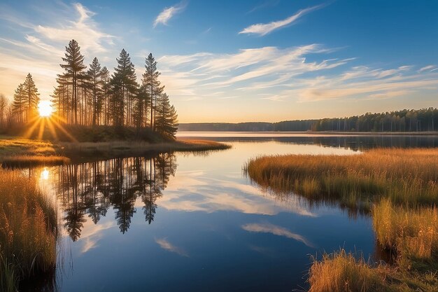 sunset at coast of the lake Nature landscape Nature in northern Europe reflection blue sky and yellow sunlight landscape during sunset