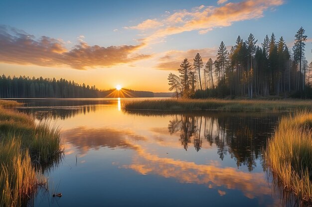 sunset at coast of the lake Nature landscape Nature in northern Europe reflection blue sky and yellow sunlight landscape during sunset