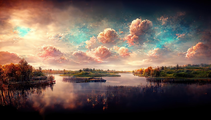 Photo 湖の海岸の夕日 自然の風景 北ヨーロッパの自然 日没時の反射風景 3 d レンダリング ラスター図