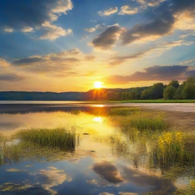 sunset at the coast of the lake Nature landscape reflection blue sky and yellow sunlight