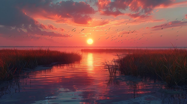 Photo sunset over a coastal marshland birds background
