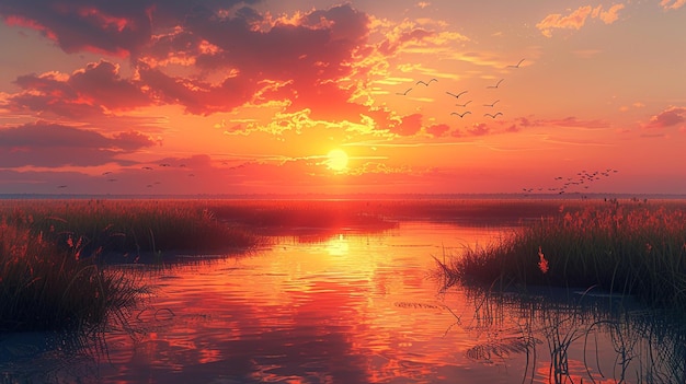 Photo sunset over a coastal marshland birds background