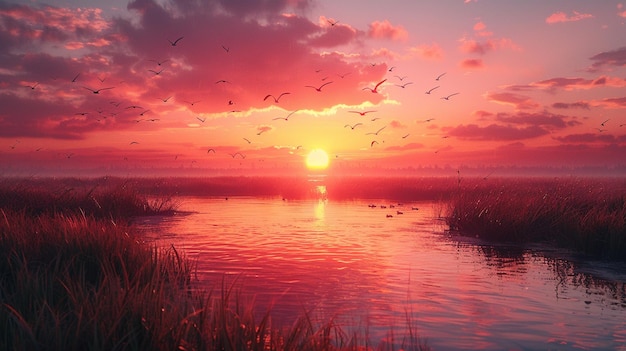 Photo sunset over a coastal marshland birds background