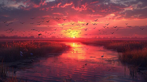 Sunset Over A Coastal Marshland Birds Wallpaper