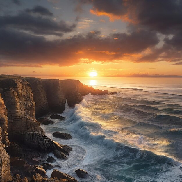 Sunset over the coastline waves breaking on rocky cliffs