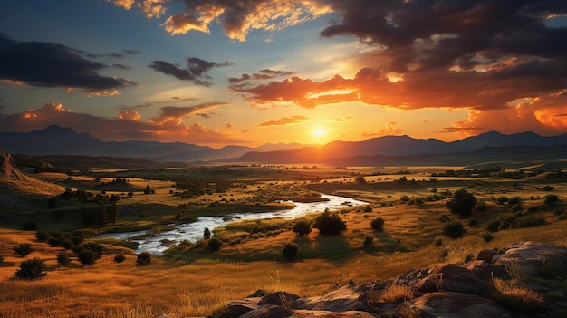 그랜드 테톤 국립공원 (Grand Teton National Park) 에 있는 콜로라도 강 위의 해가 지는 와이오밍 (Wyoming)