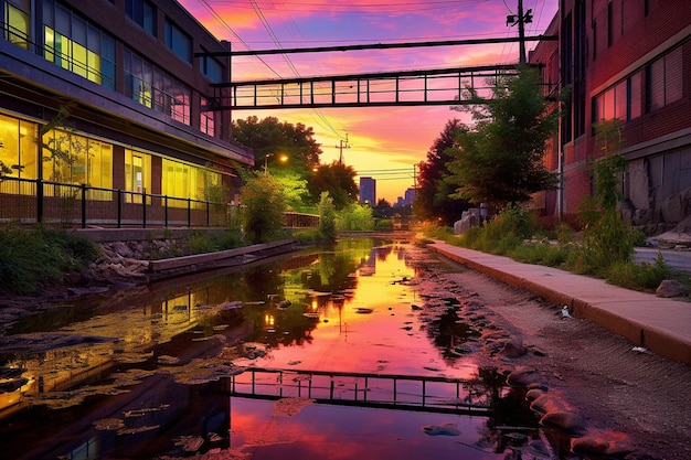 Sunset colors reflected in a citys river