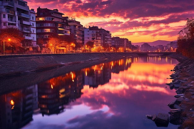 Sunset colors reflected in a citys river