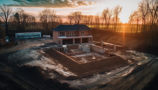 Sunset over construction site machinery digging in snowy landscape generated by AI