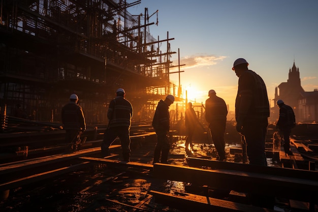 At sunset construction site silhouettes include crane and diligent workers