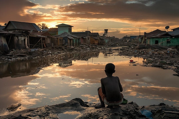 Photo sunset contemplation in a polluted slum