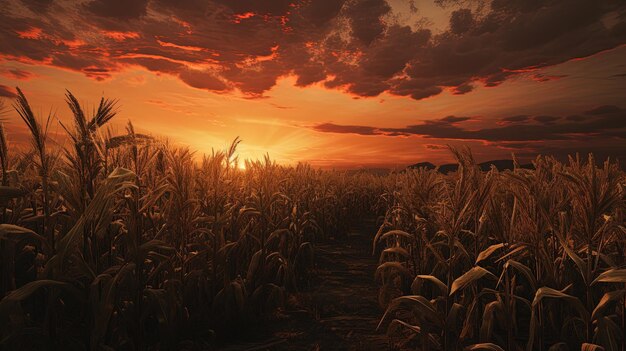 Photo a sunset over a corn field with a sunset in the background